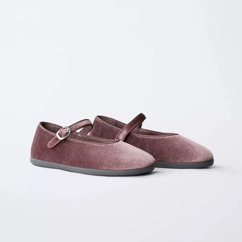 ZARA Girls Purple Velvet Mary Jane Flats Buckle Dress Shoes EU 32 US 1–2